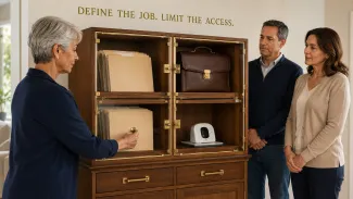 A widowed Latina woman unlocks one compartment of a financial-records cabinet while two trusted Latino helpers stand nearby.