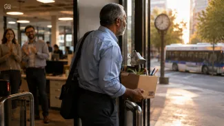 A retiring professional carries his belongings through the workplace exit as coworkers applaud and the city continues beyond the doorway.