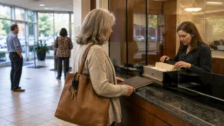 A recently widowed woman waits as a bank employee verifies the records for her joint account.