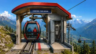 An older couple sits in a cable car at the final departure gate beside a sign reading “CONFIRM, THEN BEGIN.”