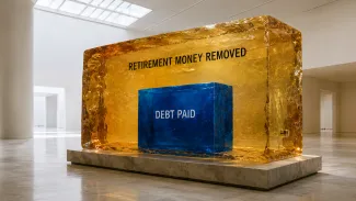 A large amber block labeled “Retirement Money Removed” surrounds a smaller blue block labeled “Debt Paid.”