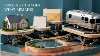 A travel trailer enters an interconnected platform system containing a home, calendar, tax envelope, and reserve basin.