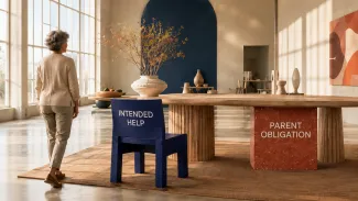 A movable chair labeled “Intended Help” stands beside a permanent table support labeled “Parent Obligation” as a woman approaches retirement.