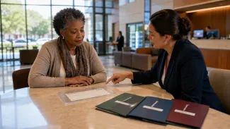 A Black widow and bank representative review a protected check and separate account folders in a bright bank lobby.