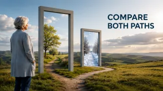 An older woman considers two portals showing warm and winter landscapes beneath the words “Compare Both Paths.”
