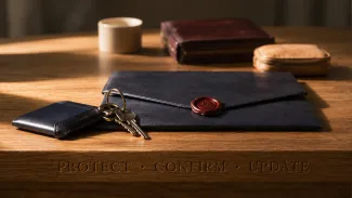 Keys and sealed records rest on a wooden table above the words Protect, Confirm, and Update.