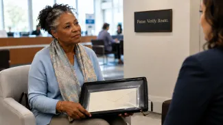 A woman protects an unopened check while confirming its proper banking route