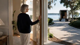 A widowed woman stands in her open doorway looking toward a moving truck beside the water.
