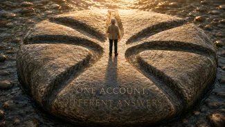 A widowed woman stands where five water-carved channels branch across a broad stone engraved “One Account. Different Answers.”