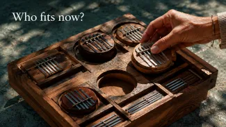 A woman repositions a resonant wooden piece beside an intentionally empty place in a handcrafted instrument.