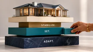A hand adjusts the middle layer beneath a home model labeled Stabilize, Set, and Adapt.