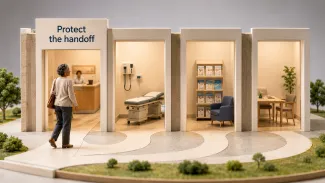 A woman moves through four connected healthcare spaces beneath the words “Protect the handoff.”