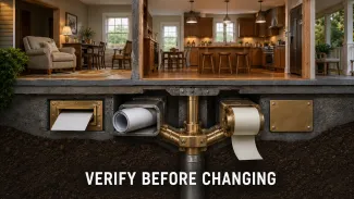 A cutaway home rests above converging administrative channels with the words “Verify Before Changing.”