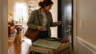 A caregiver enters a home with a key while a dog waits beside prepared pet-care instructions and a carrier.