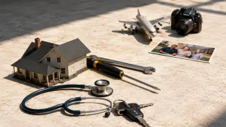 A house, maintenance tools, stethoscope, car keys, travel items, and family photo represent irregular expenses competing for one retiree’s resources.
