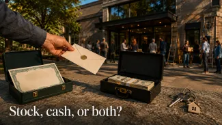 Appreciated stock and cash sit beside a charitable contribution, while house keys remain protected outside the gift.