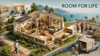 A single retired woman’s accessible home sits within a broader landscape of healthcare, community, travel, support, and future moving options.