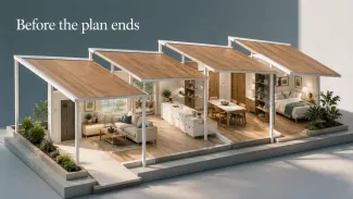 Three protective roof forms span a prepared home, representing support arranged before each stage of a temporary recovery.
