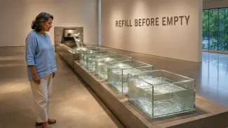 A woman observes a gallery installation where flowing water replenishes a measured series of clear basins.