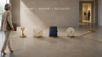 A brass line connects financial responsibilities and branches toward a prepared successor.