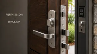 A residential door pairs a conventional lock with a separate electronic access method beneath the words “Permission + Backup.”