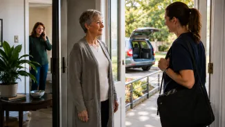 A woman welcomes a care professional while transportation and a distant supporter remain connected around her.