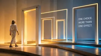 A woman approaches a series of illuminated doorways representing how one retirement-income decision can create several later tax effects.