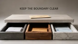 Envelopes and financial documents remain separated in stone, wood, and marble compartments beneath the words “Keep the Boundary Clear.”