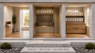 Three connected archive rooms show an expense moving from intake through review to a closed reimbursement record.