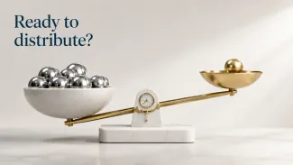 A balance holds a protected reserve of silver spheres against one gold sphere representing the amount ready to distribute.