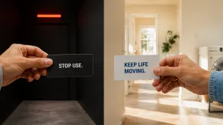 Hands hold “Stop Use” and “Keep Life Moving” cards between a closed dark corridor and a bright functioning home.