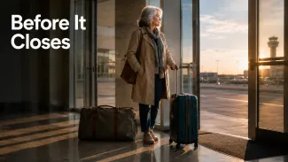 A widow with two travel bags pauses beside an open airport doorway at sunrise beneath the words “Before It Closes.”