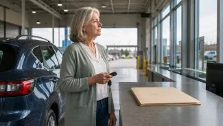 A widow holds her late spouse’s vehicle keys beside the car while title documents await processing at a motor-vehicle office.
