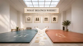 A gallery installation routes blank financial documents toward separate blue and terracotta zones beneath the question “What Belongs Where?”