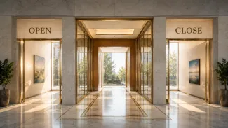 A bright architectural passage extends between entrances labeled OPEN and CLOSE, representing an estate account’s temporary administrative role.