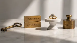 A key, inherited ring, and brass markers show that ownership, authority, and value must be established before estate property is transferred.