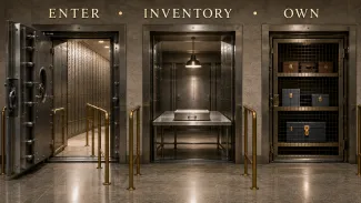 Three secured areas labeled Enter, Inventory, and Own distinguish access from ownership of safe-deposit-box contents.