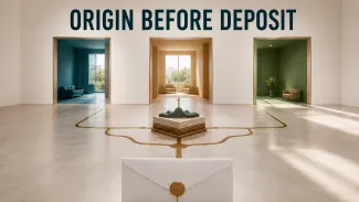 A sealed refund envelope connects through a brass inlay to a central source marker and three possible destination doorways.
