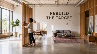 A working widow adjusts a movable wooden partition in a bright, intact room beneath the words “REBUILD THE TARGET.”