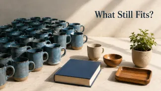 Many matching blue cups sit opposite a smaller collection of distinct objects beneath the words “What Still Fits?”