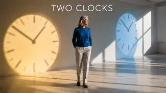 A working widow stands between warm and cool clock-shaped light projections representing two simultaneous enrollment timelines.