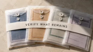 Archival envelopes holding compensation documents cross from sunlight into shadow beneath the words “Verify What Remains.”