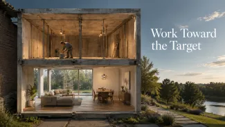A cutaway home shows temporary work supports above a completed living space beside the words “Work Toward the Target.”