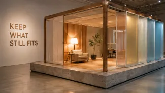 A warmly lit living space rests on a stone foundation within adjustable translucent walls beside the words “Keep What Still Fits.”