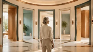 A recently divorced woman stands where several architectural passages converge into one coordinated direction.