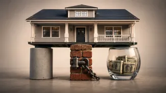 A home rests across supports representing housing costs, mortgage liability, and liquid financial resources.