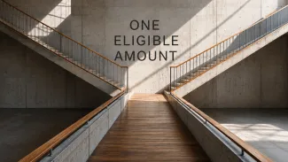 Two architectural stairways converge into one path beneath the words One Eligible Amount.