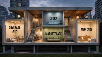 An architectural cutaway shows COBRA and Marketplace coverage as parallel bridges between coverage ending and Medicare.