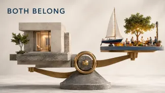 A sculptural balance supports a secure home on one side and an active retirement life on the other.