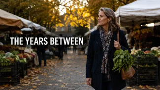 A woman shops at an outdoor market beneath the words “The Years Between,” representing the period between retirement and Social Security.